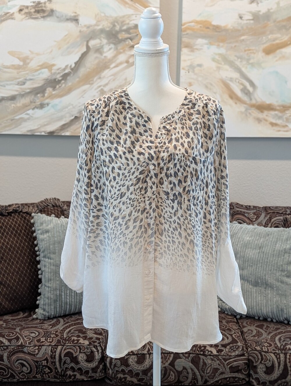 Lightweight White and Taupe Leopard Print Button-Down Blouse